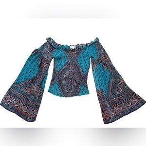 Altar'd State Teal and Red Patterned Off-Shoulder Top
